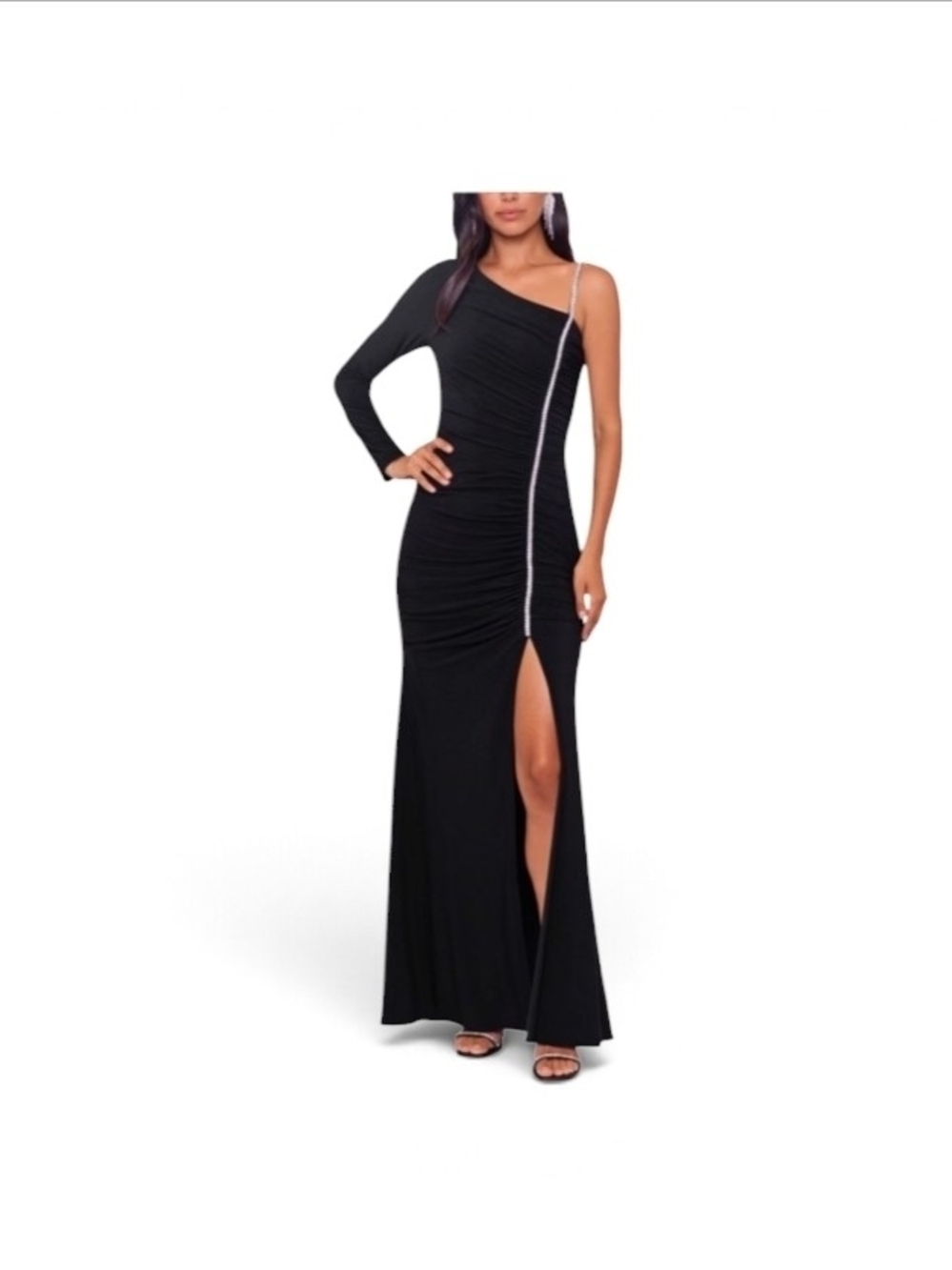 Xscape Long One Shoulder Ity Rhinestone Trim Black/Silver 4